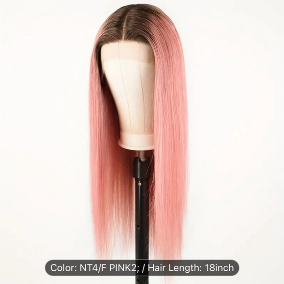200% Density 18” #4/Pink Straight Human Hair Colored Wig - Picture 7 of 10